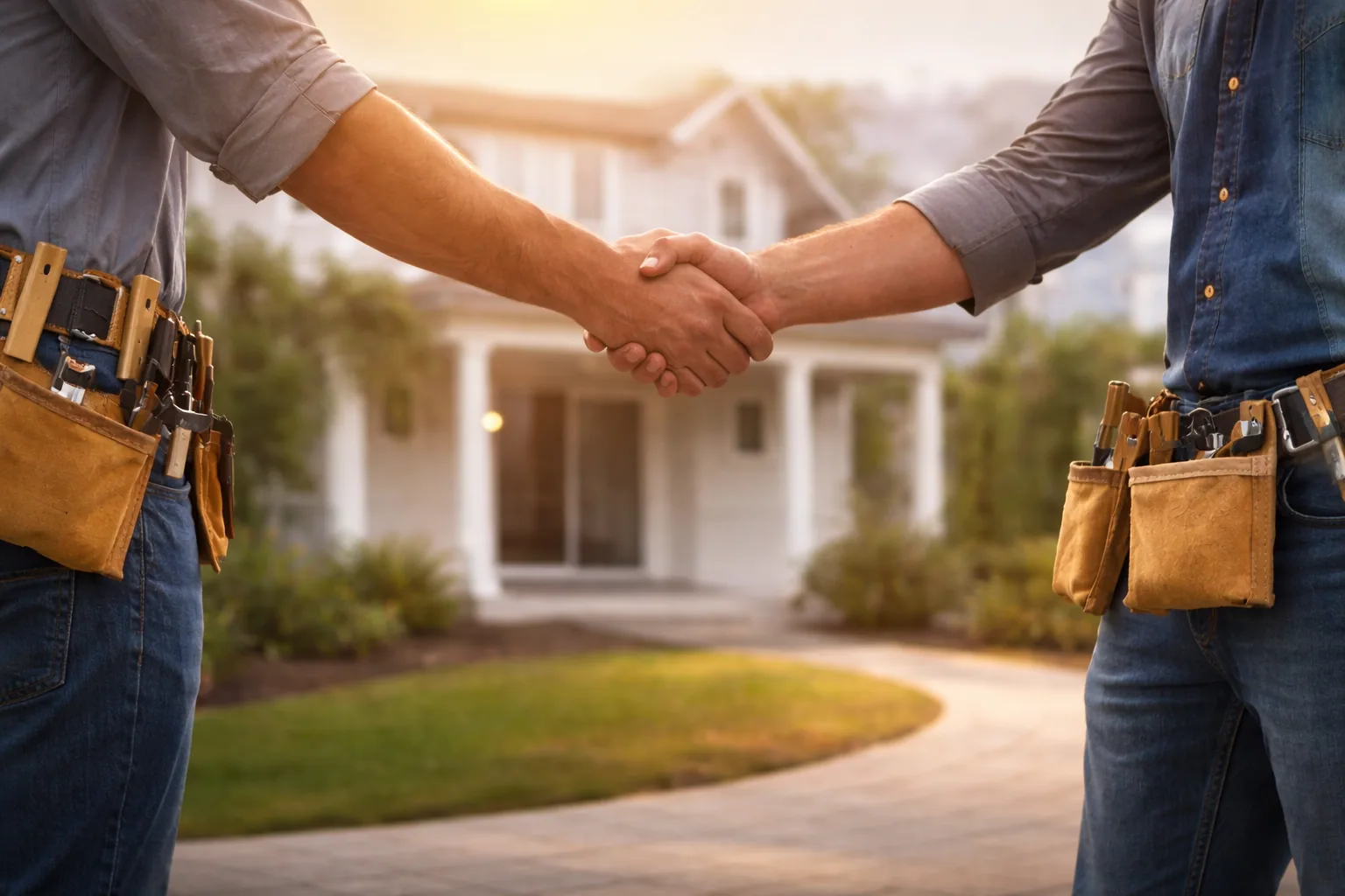 Contractor and client shaking hands in front of a house